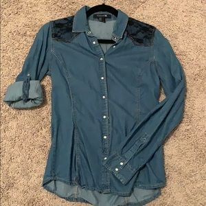Chambray / Denim button up with Lace Details!